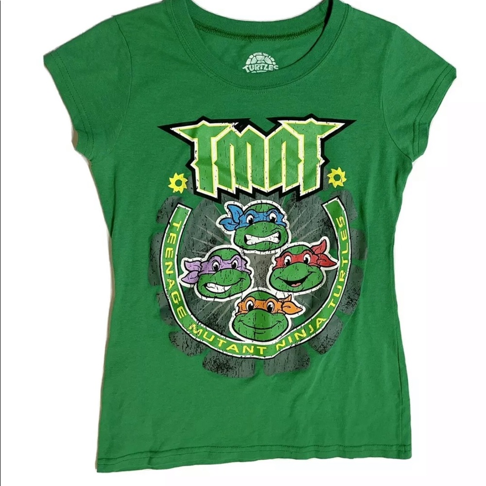 NICKELODEON Juniors Small Green TMNT Ninja Turtles V-Neck Graphic Tee Shirt
